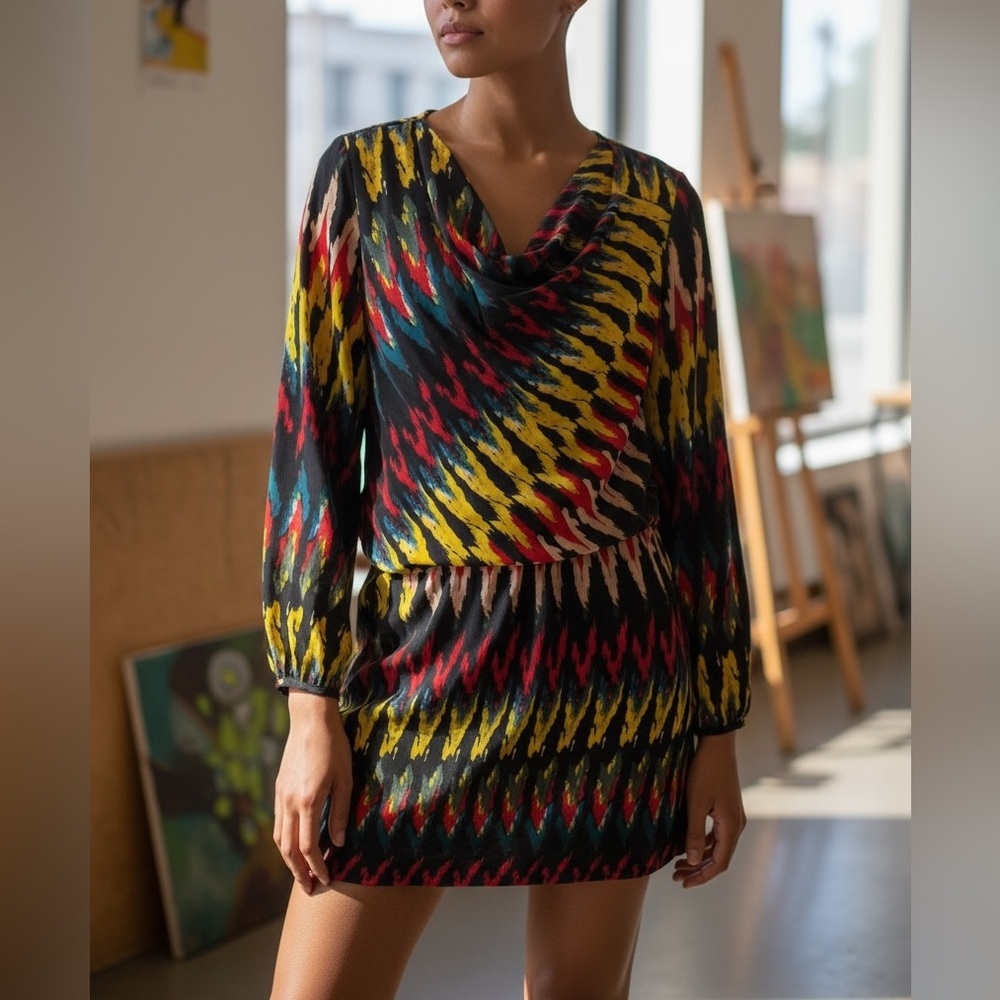 Walter Baker Multicolor Chevron Long Sleeve Mini Dress Smocked Waist